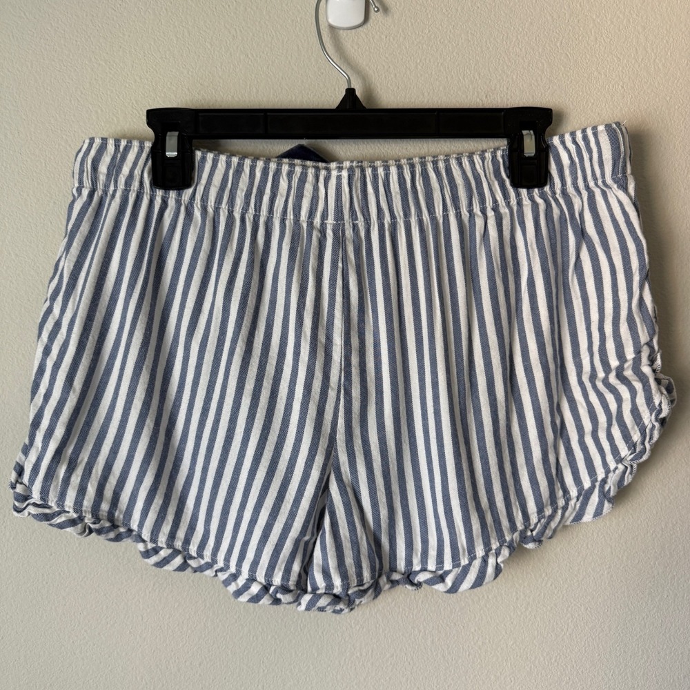 Aerie Striped Pajama Shorts Blue White Ruffle Hem Velvet Tie Large - Picture 2 of 5